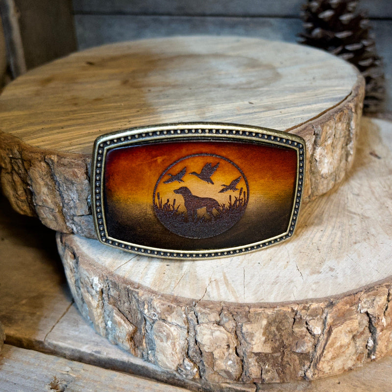 Belt Buckle | Duck Dog with Flying Ducks | Hand Dyed | Personalized Option