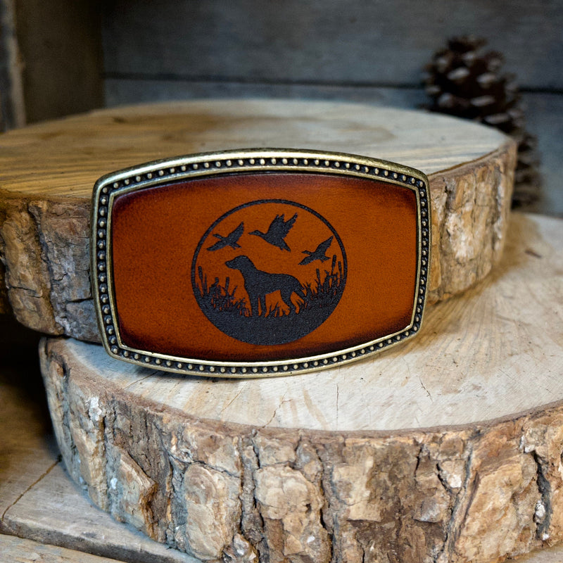 Leather Belt Buckle | Duck Dog with Flying Ducks | Personalized Option