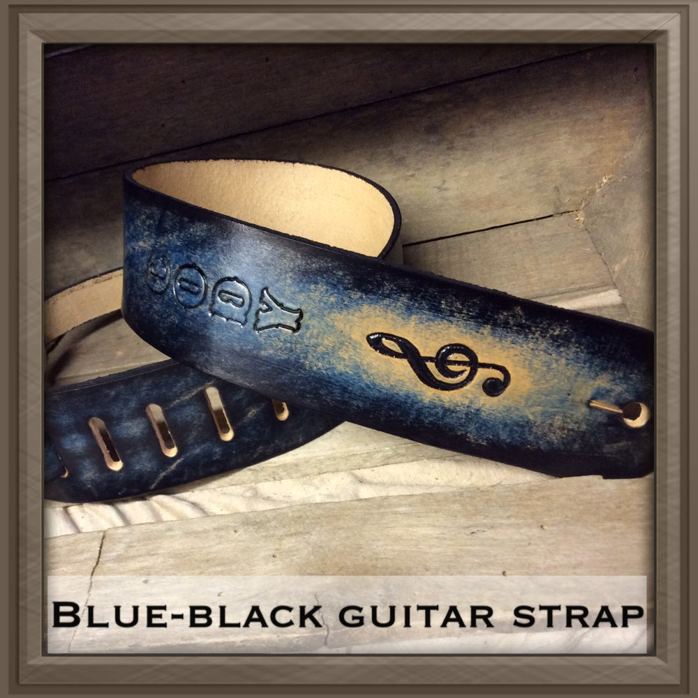 Blue Leather Guitar strap Treble Clef 2.5" M & W Leather
