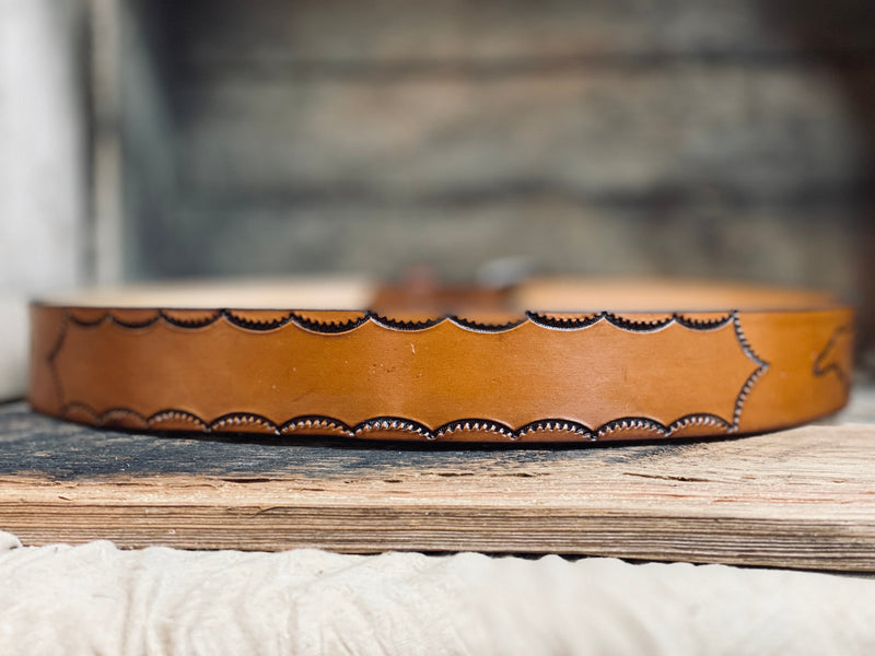 Special Listing - Leather belt with Tobacco Leaf - 1-1/2” -Light Brown-