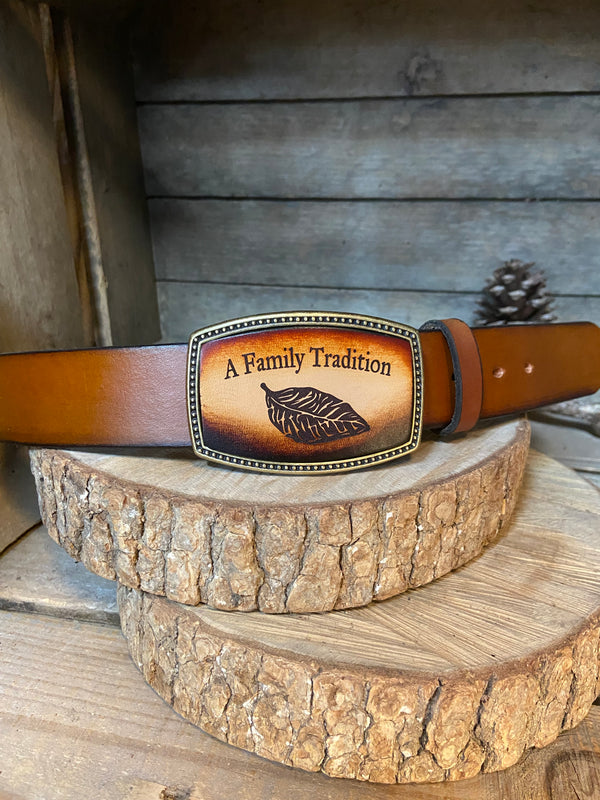 Leather Belt Buckle | Tobacco Leaf | Personalized Option