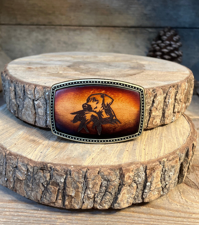 Leather Belt Buckle | Hunting Dog with Duck | Personalized Option