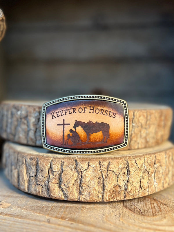 Leather Belt Buckle | Cowboy at the Cross | Personalized Option