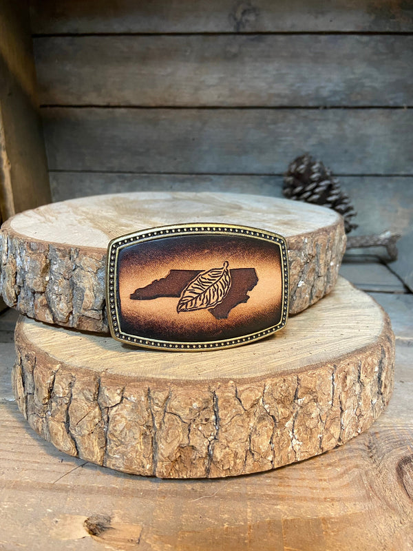 Leather Belt Buckle | Tobacco Leaf with State | Choose Your State