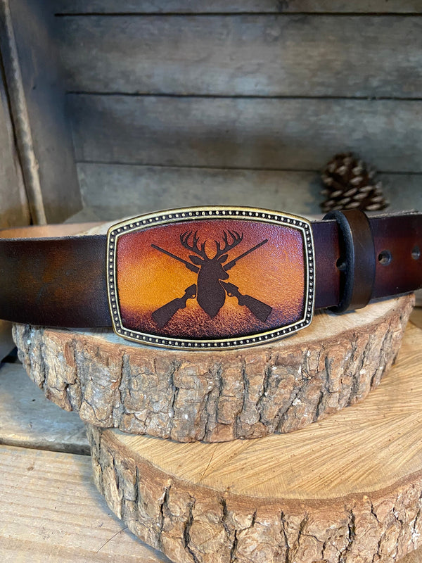 Leather Belt Buckle | Deer Head with Rifles