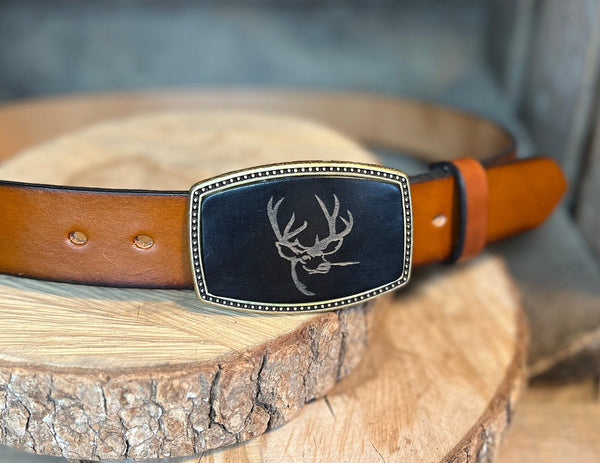 Leather Belt Buckle | Deer Head with Antlers | Personalized Option