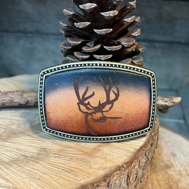 Leather Belt Buckle | Deer Head with Antlers | Personalized Option | Hand Dyed