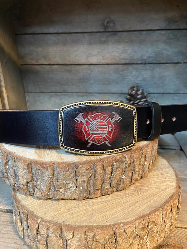 Leather Belt Buckle | Fire Department with Ax | Personalized Option