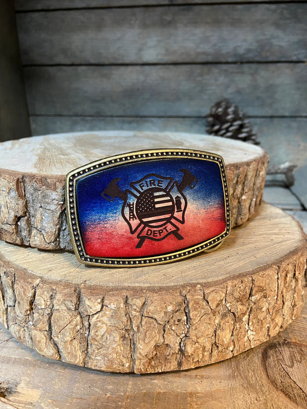 Leather Belt Buckle | Fire Department with Ax | Personalized Option