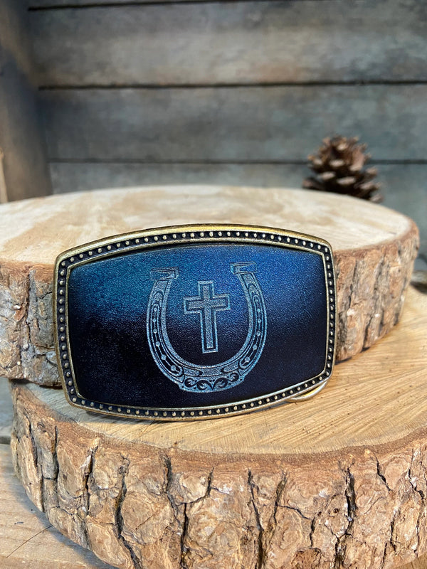 Leather Belt Buckle | Horseshoe with Cross