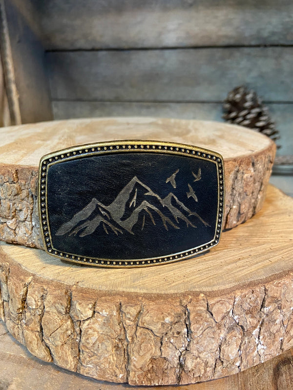 Leather Belt Buckle | Mountain with Birds