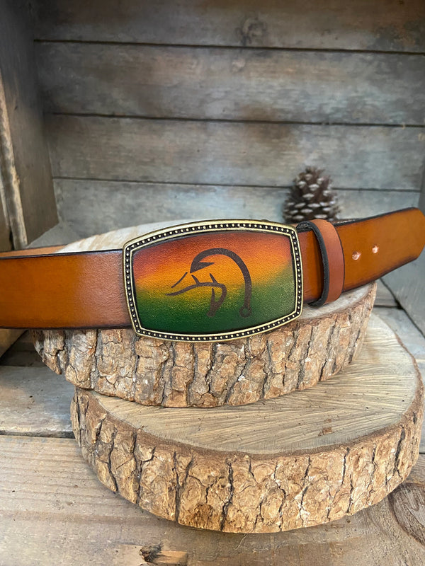 Leather Belt Buckle | Duck Fishing Hook and Deer Antler