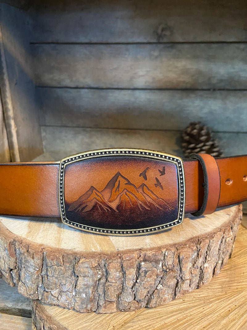 Leather Belt Buckle | Mountain with Birds