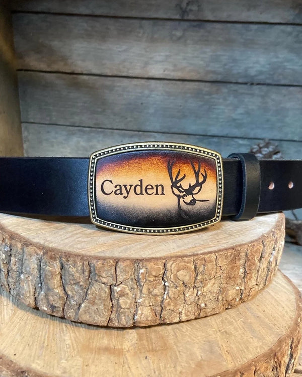 Leather Belt Buckle | Deer Head with Antlers | Personalized Option | Hand Dyed