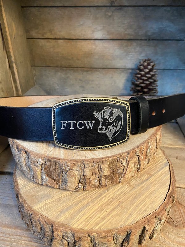 Leather Belt Buckle | Angus Cow | Personalized Option