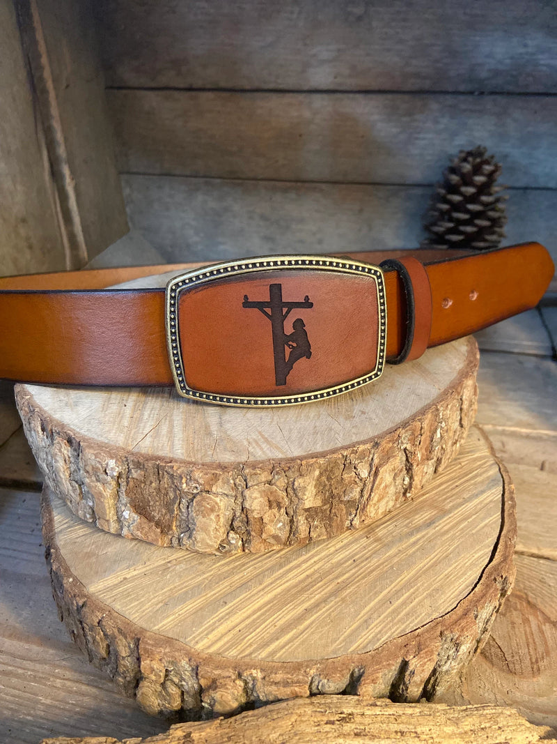 Leather Belt Buckle Lineman on Pole Personalized Option M W Leather