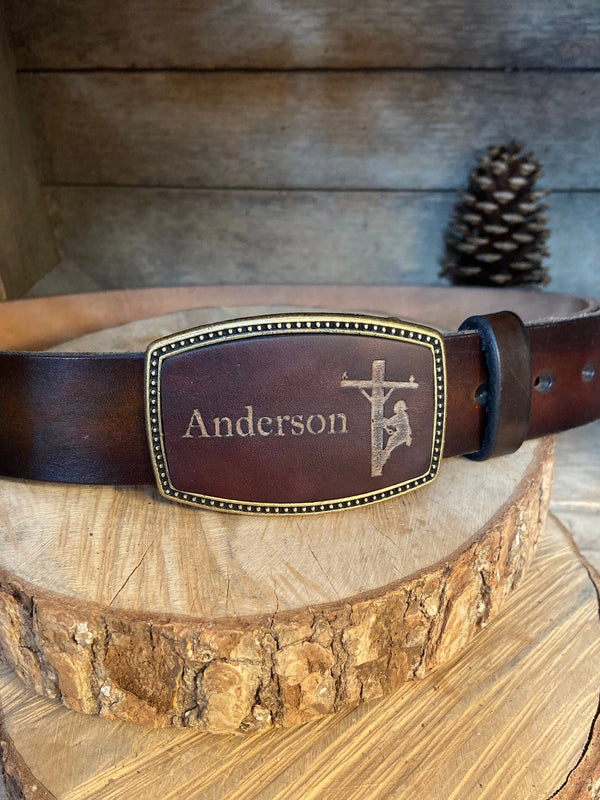 Leather Belt Buckle | Lineman on Pole | Personalized Option