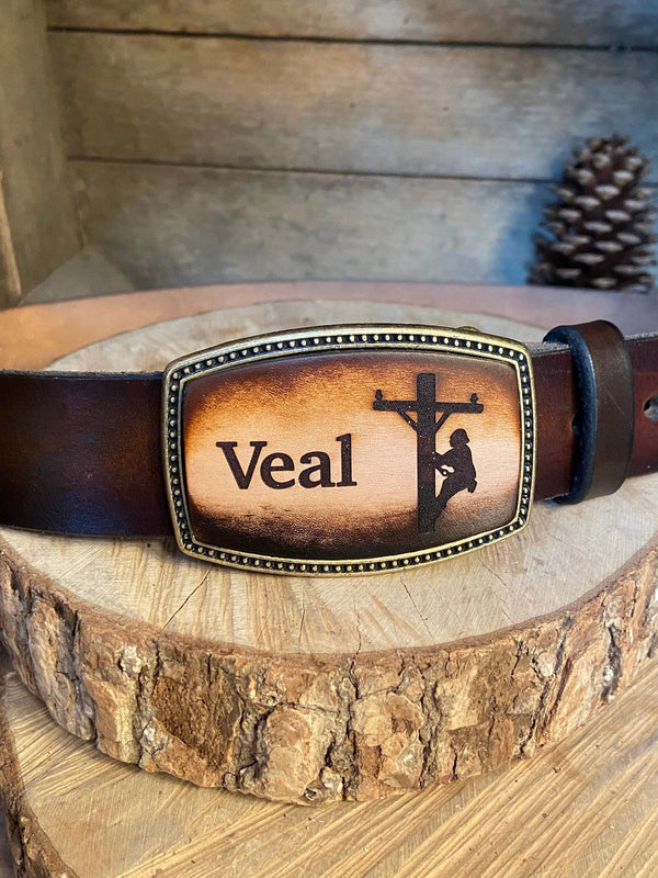 Leather Belt Buckle | Lineman on Pole | Personalized Option