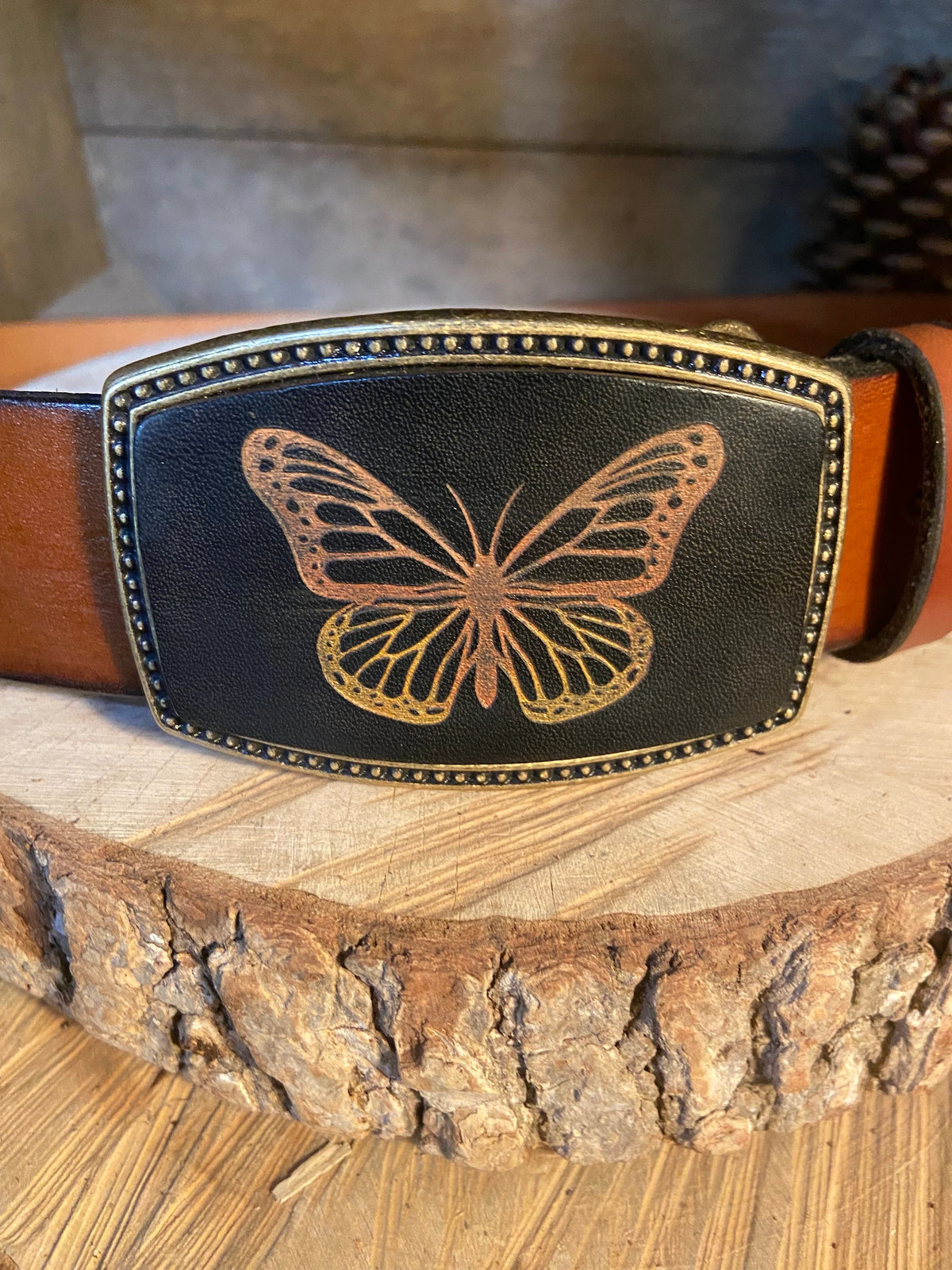 Linea Pelle Dark Brown Belt with Artistic Butterfly Buckle Linea Pelle Woven Leather Belt Brass Buckle Rings 30-33  main image 3