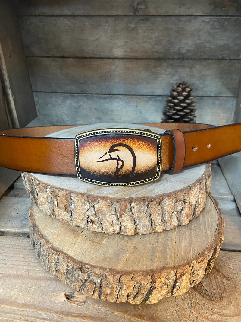 Leather Belt Buckle | Duck Fishing Hook and Deer Antler