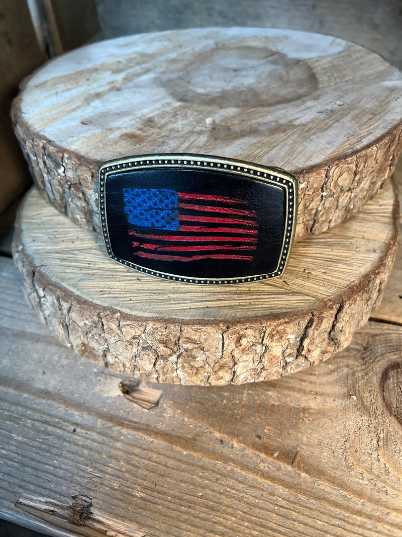 Leather Belt Buckle | Tattered American Flag