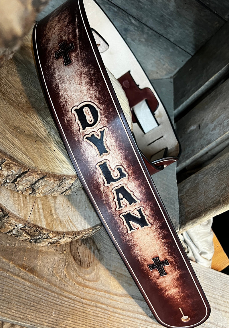 Personalized Leather Guitar Strap | Cross Design -Mahogany | 2.5"