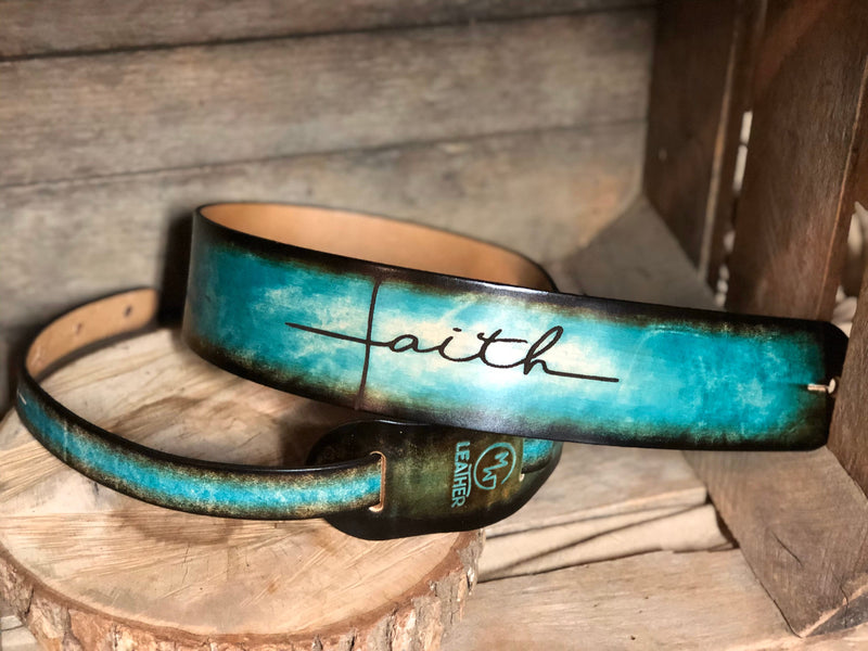 Leather Guitar Strap- FAITH- Laser engraved- | 2.5"