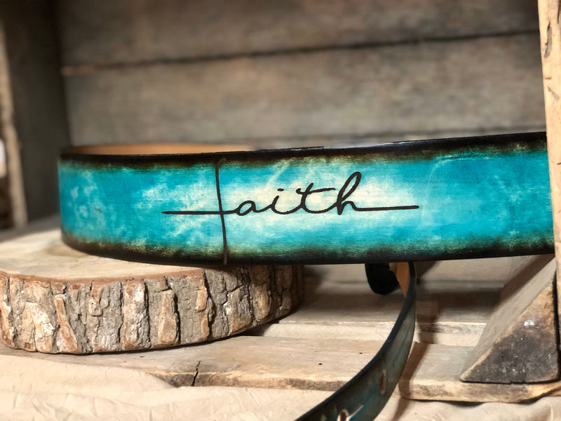 Leather Guitar Strap- FAITH- Laser engraved- | 2.5"