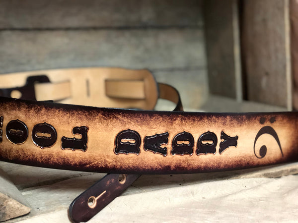 Extra long-Leather Guitar strap in a beautiful two-tone natural-dark brown with Bass clef Great personalized gift