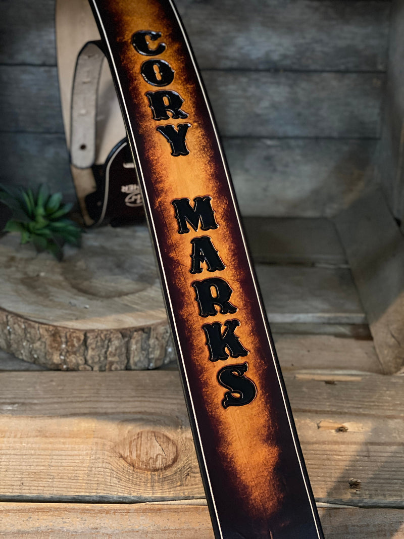 Personalized Leather Guitar strap with tooling in 2 tone color would look great on any guitar! Full-Grain leather great gift