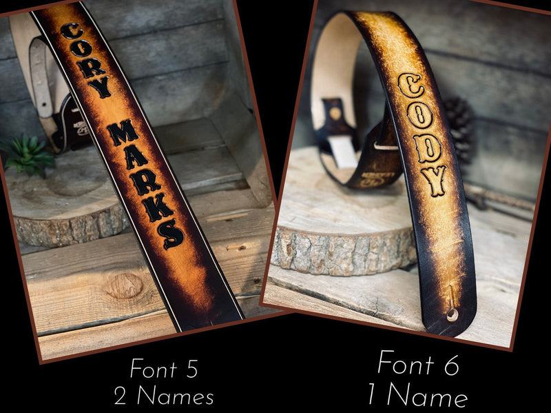 Personalized Leather Guitar strap with tooling in 2 tone color would look great on any guitar! Full-Grain leather great gift