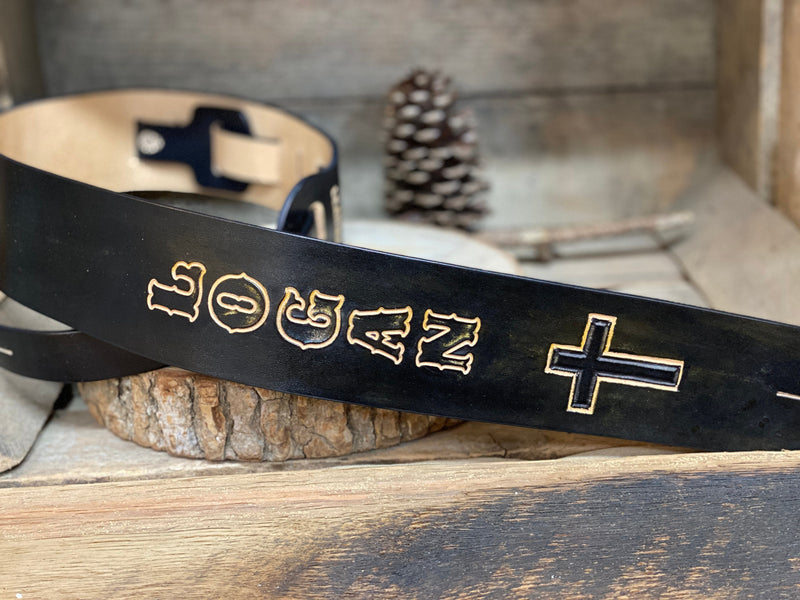 Black Leather Guitar Strap | Cross | Personalized | 2.5"