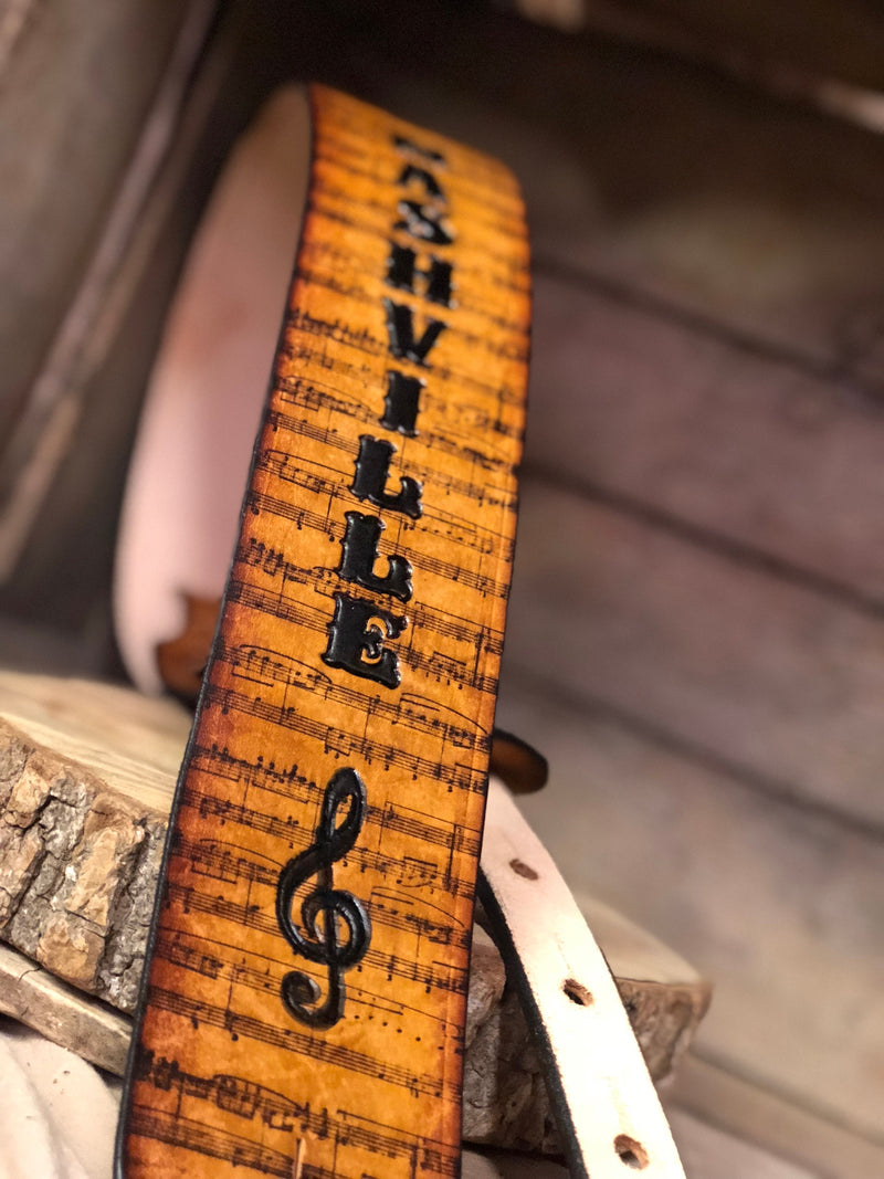 Unique Personalized leather guitar strap with aged antique music notes for that music lover!