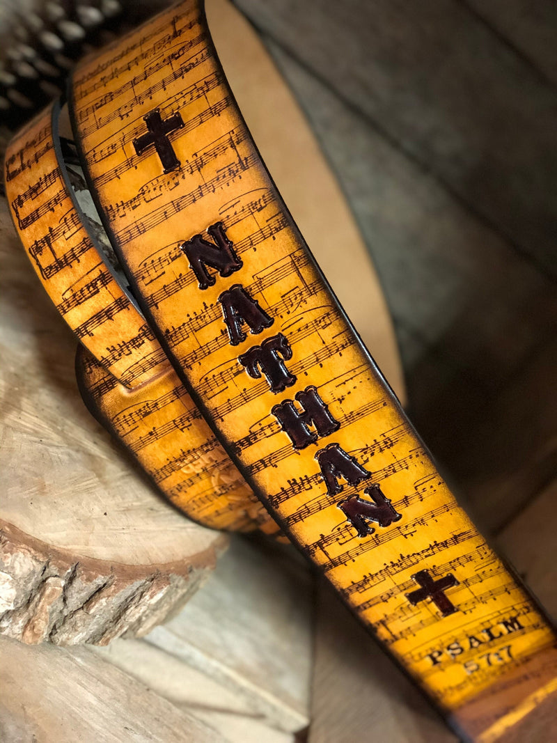 Unique Personalized leather guitar strap with aged antique music notes for that music lover!