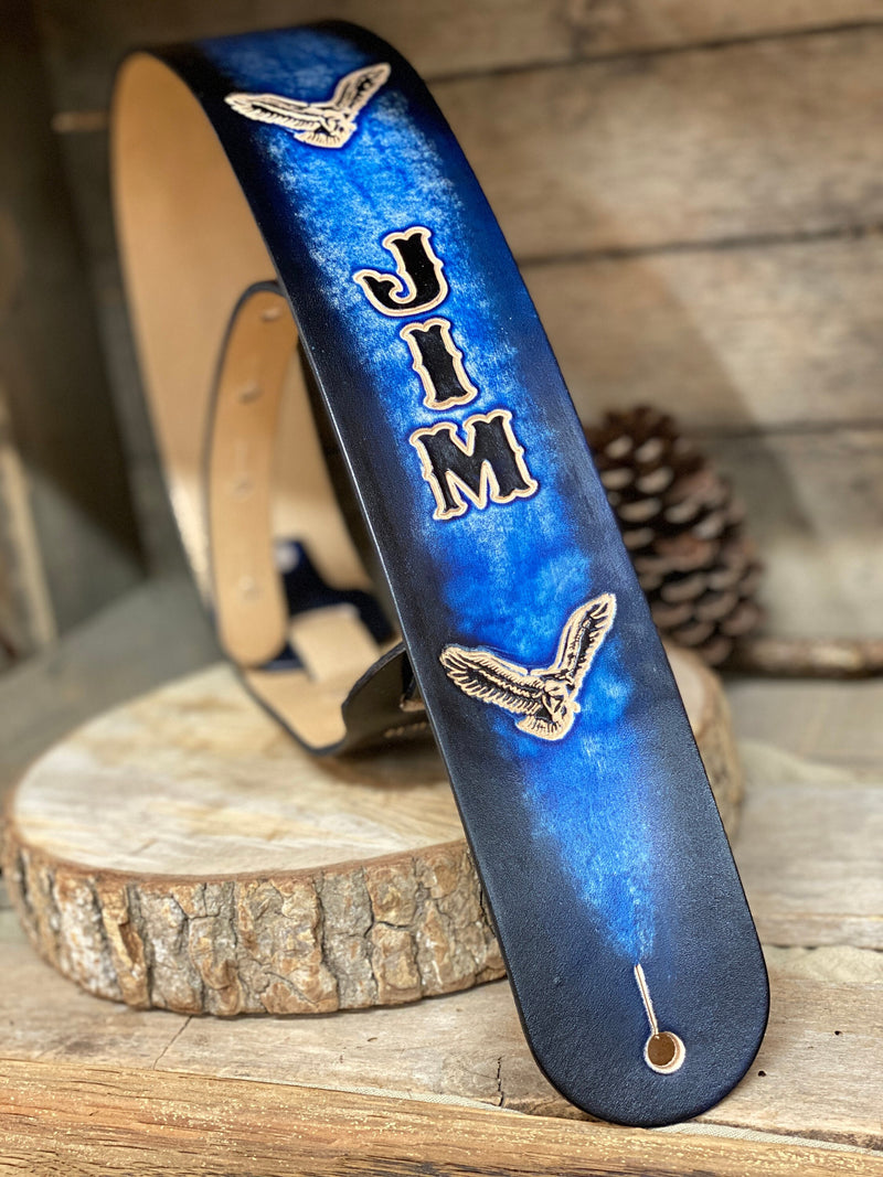 Personalized leather guitar strap in custom blue with flying eagle  Be a standout guitarist, great musician, band leader gift. custom guitar