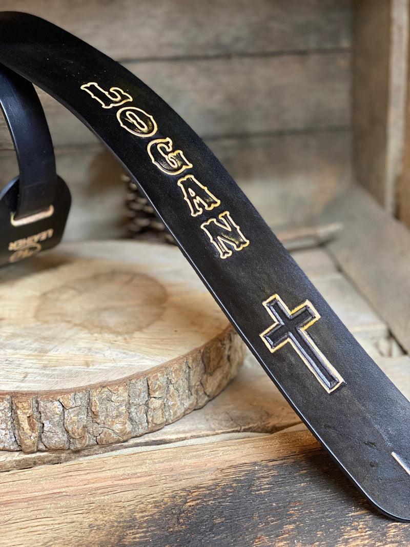 Black Leather Guitar Strap | Cross | Personalized | 2.5"