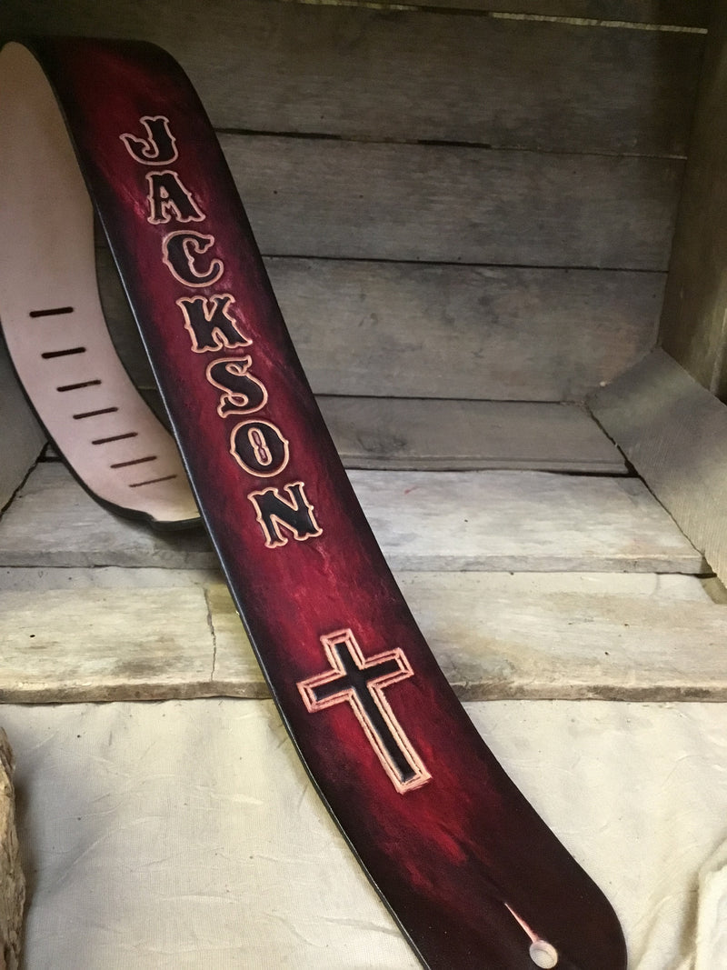 Leather Guitar Strap with Cross | Maroon | 2.5"