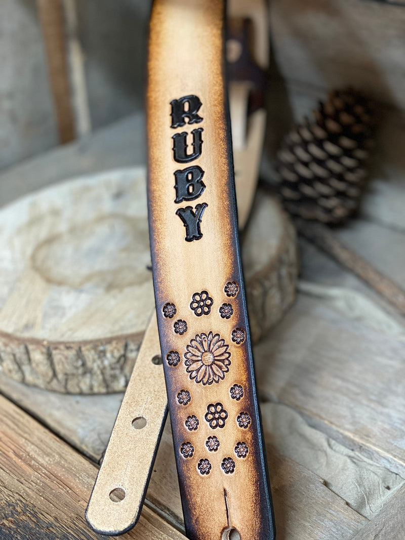 CHILD’S GUITAR STRAP CHILD'S Personalized Leather Guitar strap customized with your child's name, a great gift for any child passionate about music
