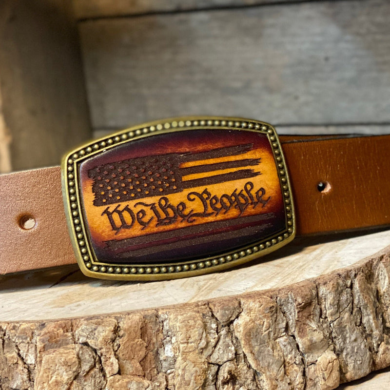 Leather Belt Buckle | We The People with American Flag