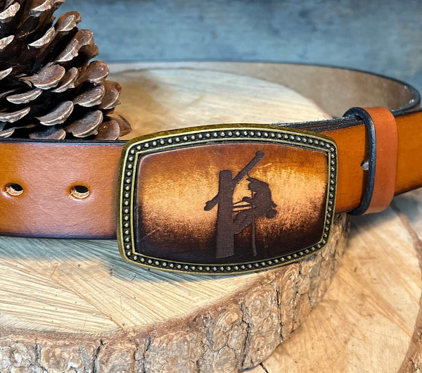 Leather Belt Buckle | Lineman on Pole | Personalized Option
