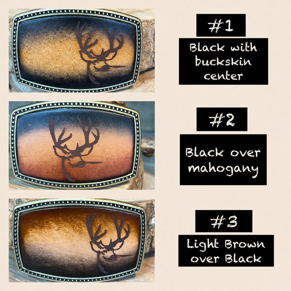Leather Belt Buckle | Deer Head with Antlers | Personalized Option | Hand Dyed