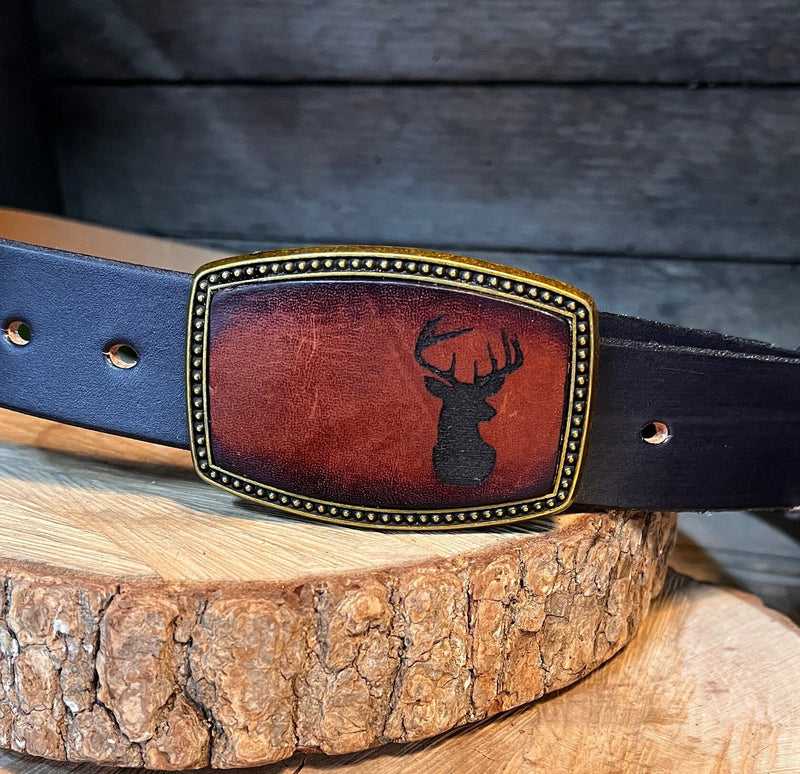 Leather Belt Buckle | Deer Head Silhouette | Hunting | Hand-Made in USA |Gift for him, Her, husband, boyfriend, son, father