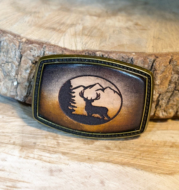 Leather Belt Buckle | Standing Deer with Mountains | Personalized Option