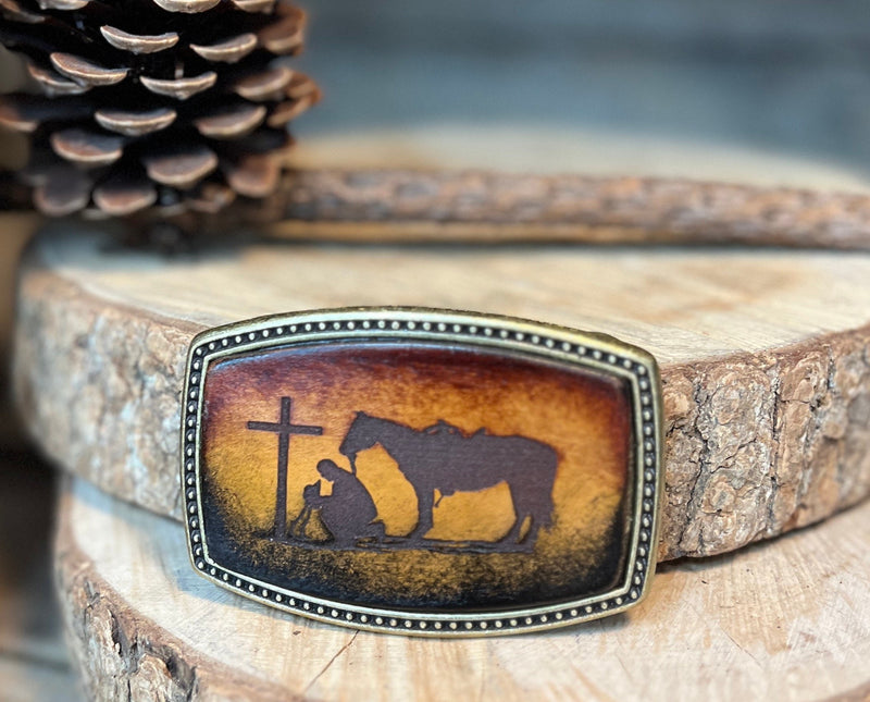 Leather Belt Buckle | Cowboy at the Cross | Personalized Option
