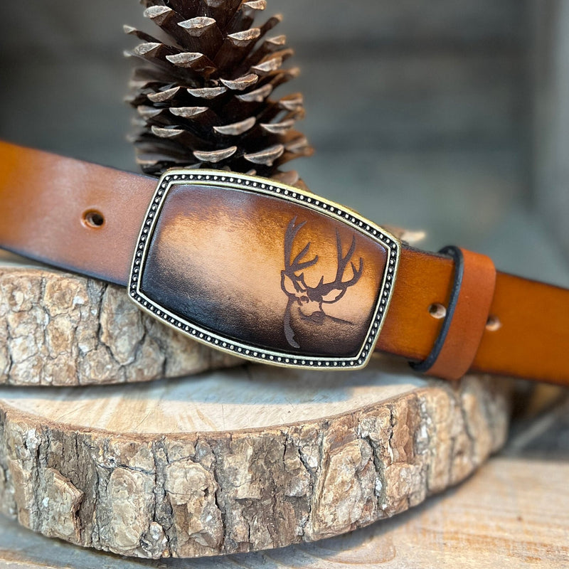 Leather Belt Buckle | Deer Head with Antlers | Personalized Option | Hand Dyed