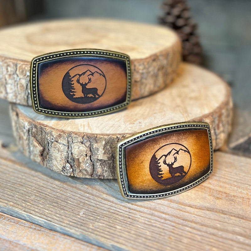 Leather Belt Buckle | Standing Deer with Mountains | Personalized Option