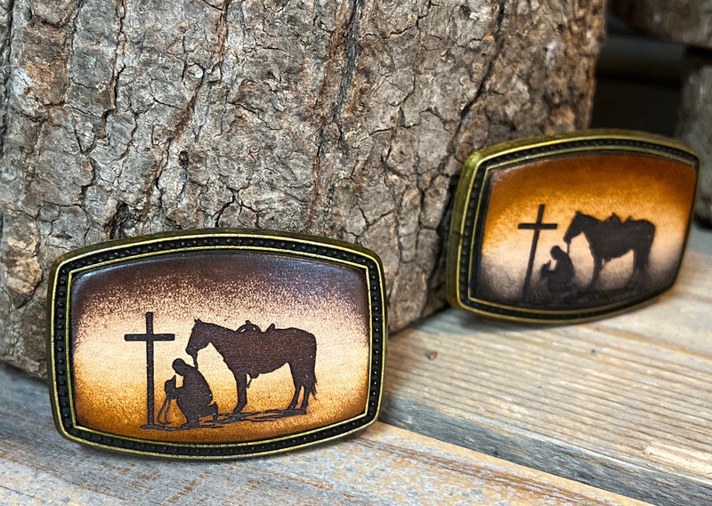 Leather Belt Buckle | Cowboy at the Cross | Personalized Option