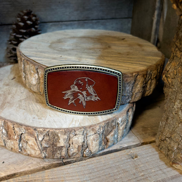 Leather Belt Buckle | Hunting Dog with Duck
