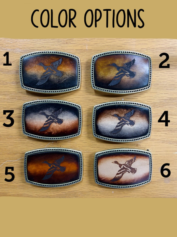 Leather Belt Buckle | Flying Duck | Personalized Option | Hand Dyed
