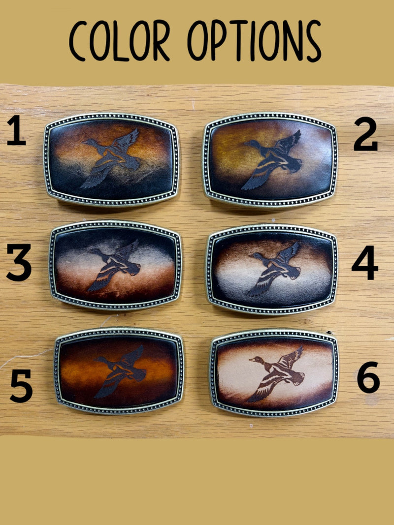 Leather Belt Buckle | Flying Duck | Personalized Option | Hand Dyed